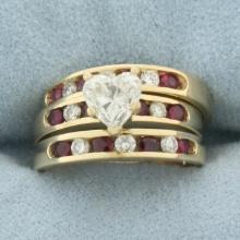 Heart Diamond And Ruby Engagement Ring And Wedding Band Ring Bridal Set In 14k Yellow Gold