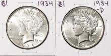 Set of 1934 & 1934-D $1 Peace Silver Dollar Coins
