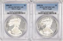 Lot of 2004-W & 2005-W $1 Proof American Silver Eagle Coins PCGS PR70DCAM
