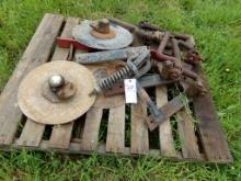 Plow Parts On A Pallet, Coulters, Spring Trips, Coulter Mounts, Etc.