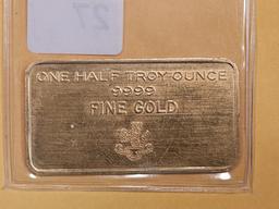 OLD GOLD BAR! One Half Troy ounce .9999 fine gold bar