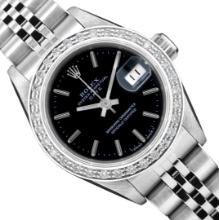 Rolex Ladies Stainless Steel Quickset Black Index Diamond Bezel Date Watch With