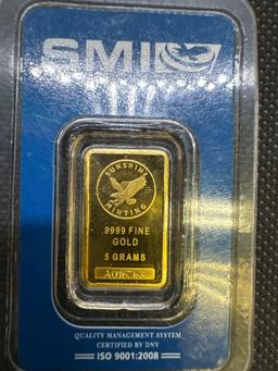 SMI 5 Gram 999.9 Fine Gold Bullion Bar