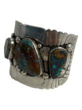 NATIVE AMERICAN INDIAN TURQUOISE CUFF BRACELET STERLING SILVER signed