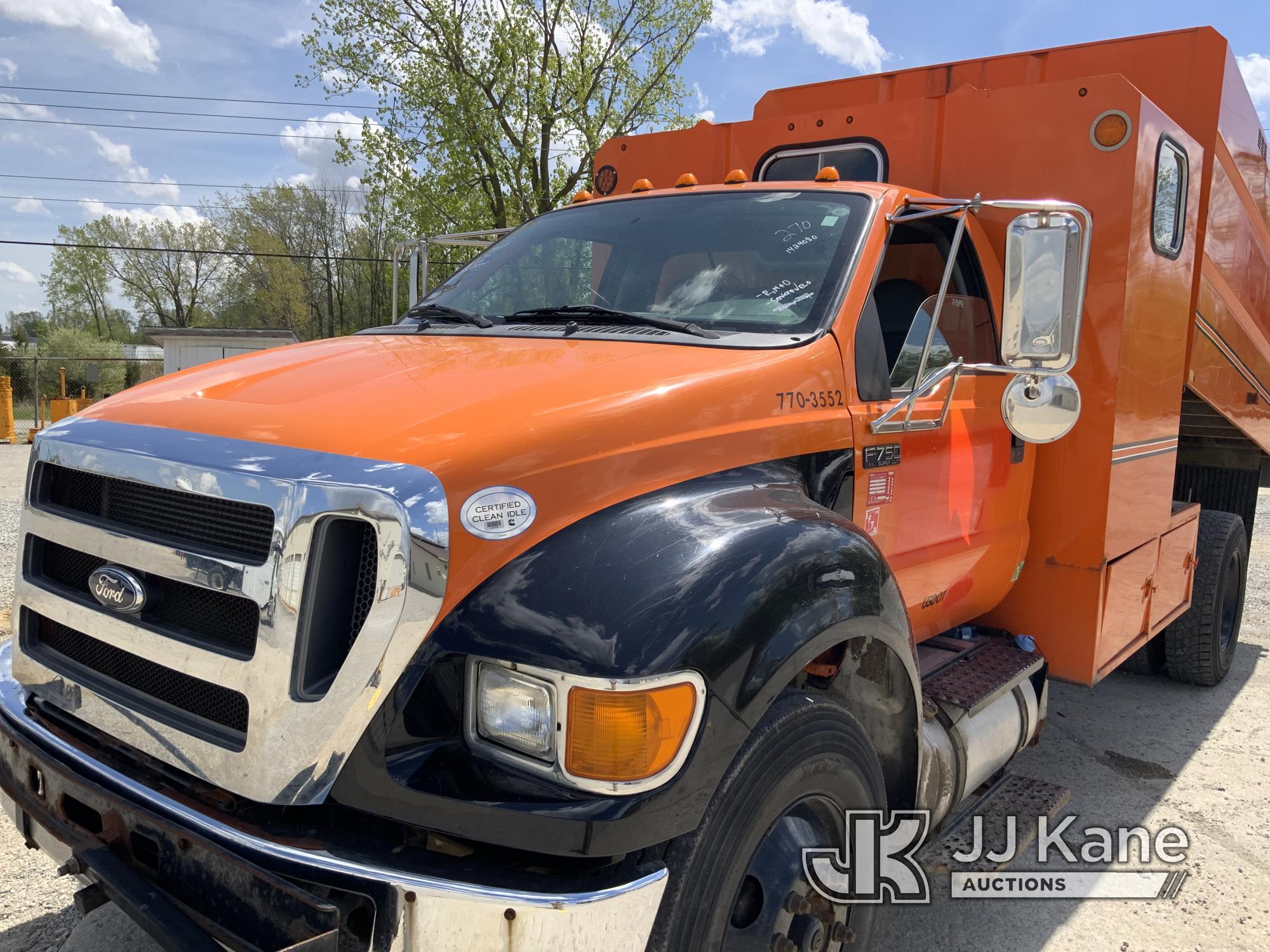 (Fort Wayne, IN) 2013 Ford F750 Chipper Dump Truck Runs, Moves & Operates) (PTO Cable Partially Seiz