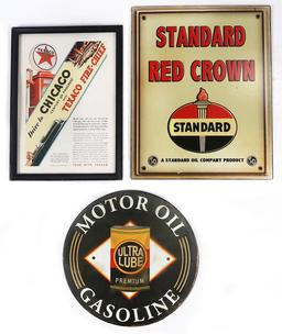 Garage Decor (3), pair of vintage style tin litho signs & Texaco Ad cut for