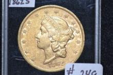 1862-S Liberty Head Twenty Dollar Gold Piece; AU