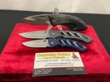 Trio of Modern Buck Folding Pocket Knives, Models 316 & 318 Parallax, 433 Juno