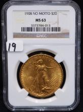 1908 $20 ST. GAUDENS (NO MOTTO) GOLD COIN NGC MS63
