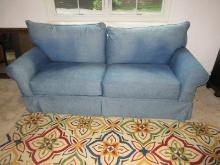 Jackson Furniture Casual Blue Denim Upholstery Sofa Rolled Arms & Pleated Skirt-39" x 84"