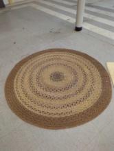 VINTAGE ROUND MACHINE MADE AREA RUG, BROWN,AND GREEN, 66 1/2"D