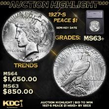 ***Auction Highlight*** 1927-s Peace Dollar $1 Graded ms63+ BY SEGS (fc)
