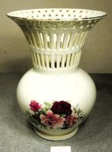 1980s Formalities by Baum Bros. Rose Porcelain Vase, Pierced Lattice, Victorian Style, Gold Trim
