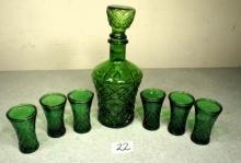 Vintage Diamond Cut Emerald Glass Decanter & Glasses