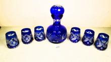 Vintage Dajie Crystal Cobalt Blue Diamond Cut Carafe & Glass Set