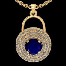 1.96 Ctw VS/SI1 Blue sapphire and Diamond 14K Yellow Gold necklace (ALL DIAMOND ARE LAB GROWN )