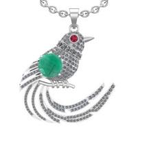 4.56 Ctw VS/SI1 Emerald and Diamond 14K White Gold Fly Bird Necklace (ALL DIAMOND ARE LAB GROWN )