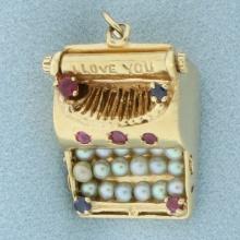 I Love You Gemstone Typewriter Charm Or Pendant In 14k Yellow Gold