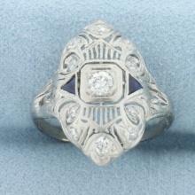 Antique Art Deco Old European And Mine Cut Diamond And Sapphire Ring In Platinum