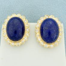 Lapis Lazuli And Diamond Halo Button Earrings In 14k Yellow Gold