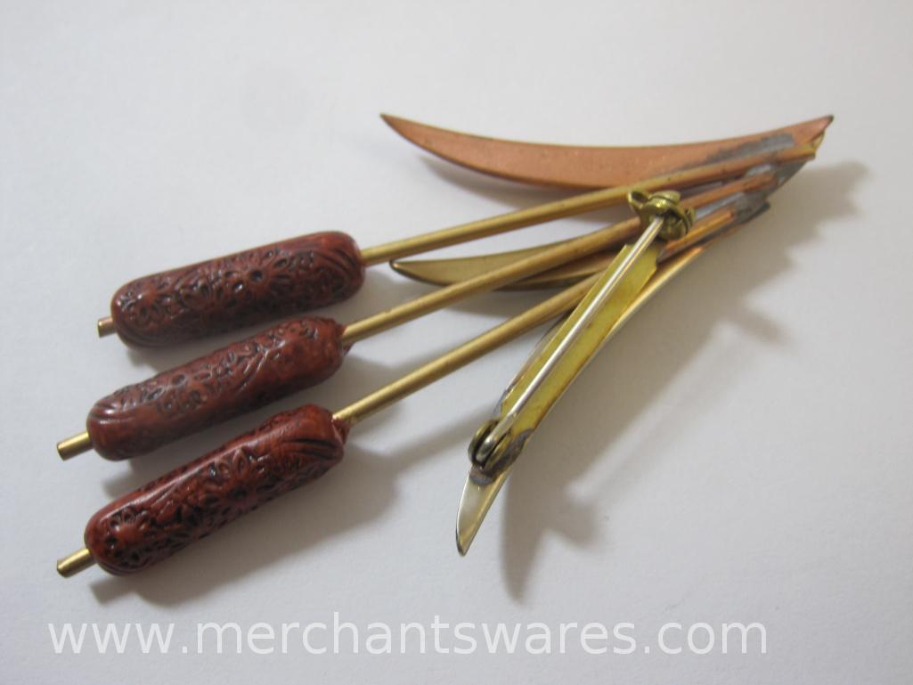 Five Pins Including Cattail, Golden Leaf, Wheat Harvest, Mother of Pearl Leaf and Bolo Style Gold