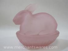 Pink Frosted Glass Nested Rabbit Trinket Dish,14 oz