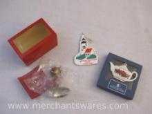Three Assorted Christmas Ornaments including Wedgwood Teapot, Gorham Bell and Ceramic Cape Cod,