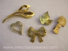 Five Gold Tone Pins including Gerry Heart Pin and More, 2 oz