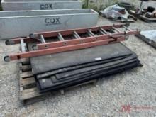 PALLET OF NUMEROUS RUBBER MATS AND 14' LADDER