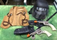 Pair of Toy Pistols, Cute Leather Cowboy Vest and Kids Swat Helmet