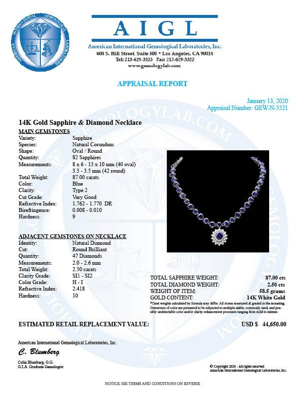 14k Gold 87ct Sapphire 2.50ct Diamond Necklace