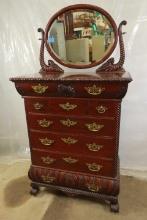 Early 1900's Ornate Mahogany Chest with Mirror & Claw Feet