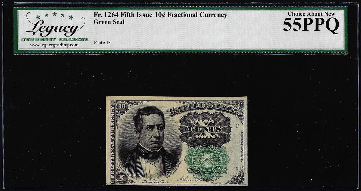 1874 Fifth Issue 10 Cent Fractional Currency Note Fr.1264 Legacy Ch. About New 55PPQ