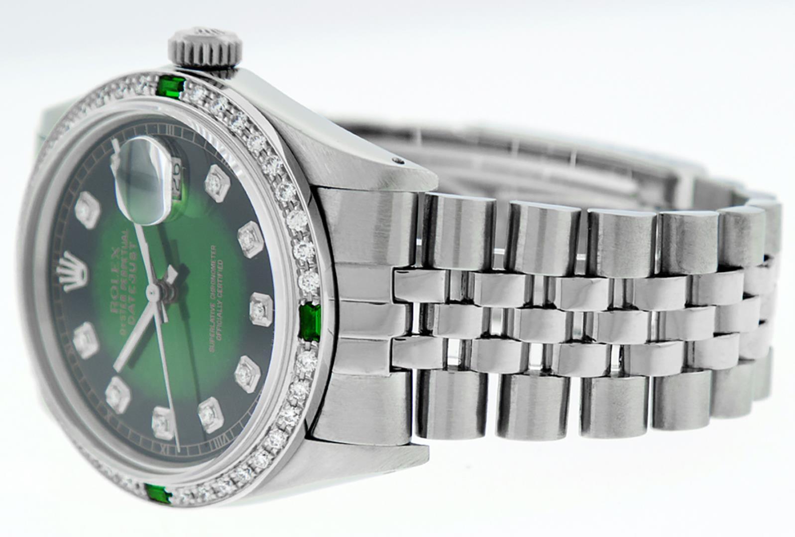 Rolex Mens Stainless Steel Green Vignette Emerald and Diamond Datejust Wristwatch