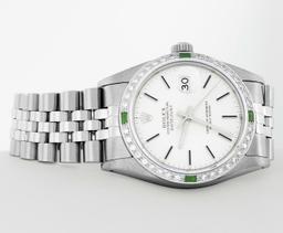 Rolex Mens Stainless Steel Silver Index Emerald and Diamond Datejust Wristwatch