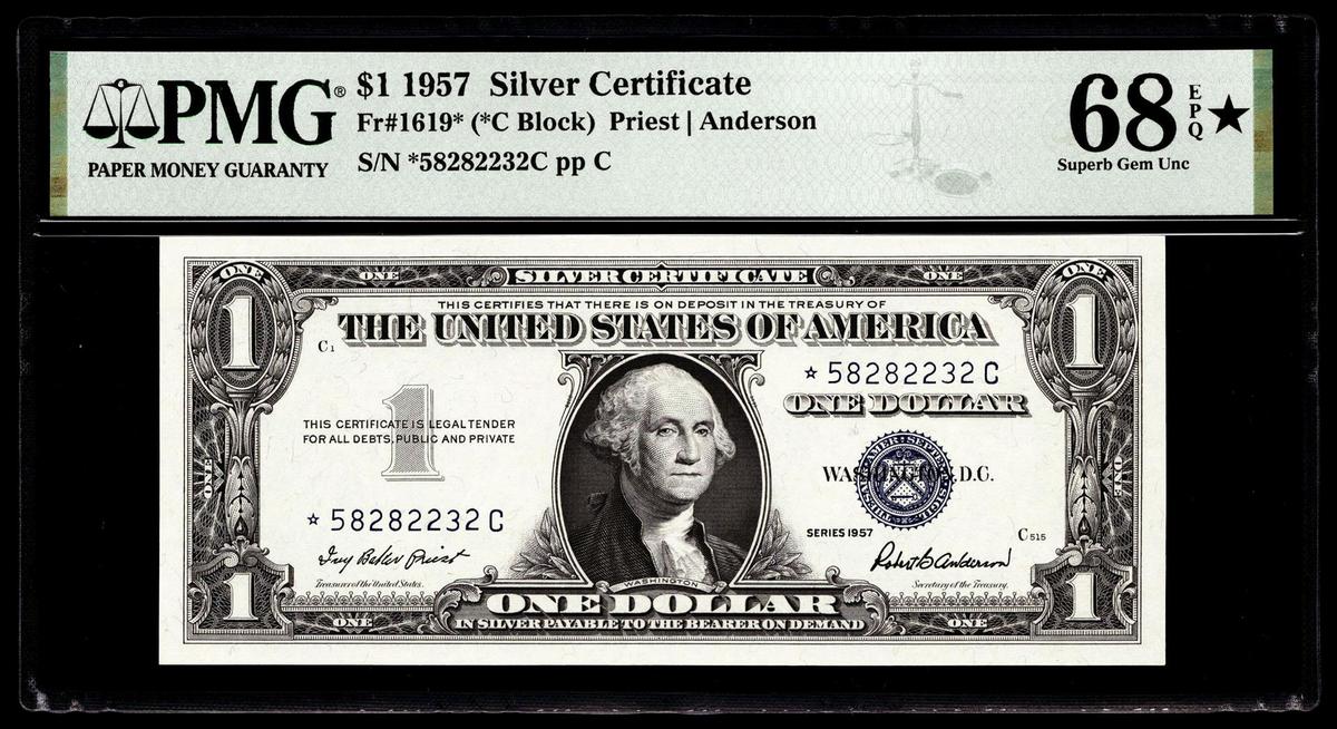 1957 $1 Silver Certificate Star Note Fr.1619* PMG Superb Gem Uncirculated 68EPQ* STAR
