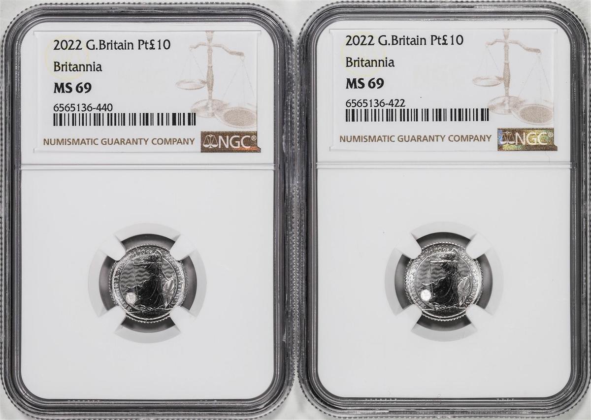 Lot of (2) 2022 Great Britain 10 Pounds Britannia 1/10oz Platinum Coins NGC MS69