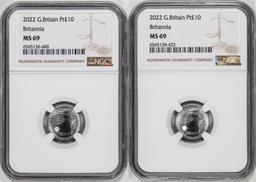 Lot of (2) 2022 Great Britain 10 Pounds Britannia 1/10oz Platinum Coins NGC MS69