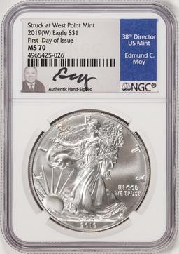 2019(W) $1 American Silver Eagle Coin NGC MS70 FDOI Moy Signature West Point Mint