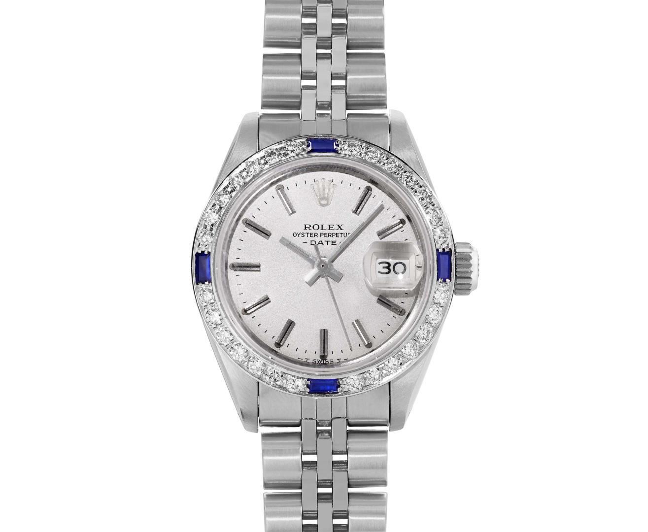 Rolex Ladies Stainless Steel Silver Index Sapphire and Diamond Date Wristwatch
