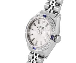 Rolex Ladies Stainless Steel Silver Index Sapphire and Diamond Date Wristwatch