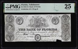 1843-44 $5 The Bank of Florida Tallahassee, FL Obsolete Note PMG Very Fine 25