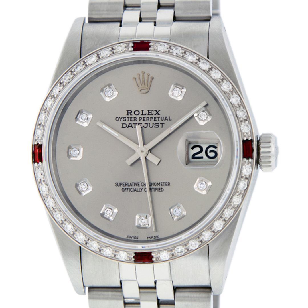 Rolex Mens Stainless Steel Gray Ruby and Diamond Datejust Wristwatch