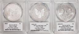 Set of (3) 2020 $1 American Silver Eagle Coins PCGS MS70/SP70/PR70 FDOI Cleveland Sig