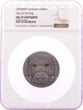 2018MW Cameroon 300 Francs Year of the Dog Silver Coin NGC MS70 Antiqued