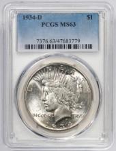 1934-D $1 Peace Silver Dollar Coin PCGS MS63