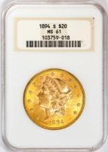 1894-S $20 Liberty Head Double Eagle Gold Coin NGC MS61 Old Fatty Holder