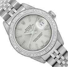 Rolex Ladies Stainless Steel Silver Index Diamond Date Wristwatch With Rolex Box