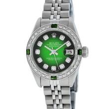 Rolex Ladies Stainless Steel Green Vignette Emerald and Diamond Datejust Wristwatch