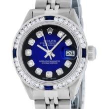 Rolex Ladies Stainless Steel Blue Vignette Sapphire and Diamond Datejust Wristwatch